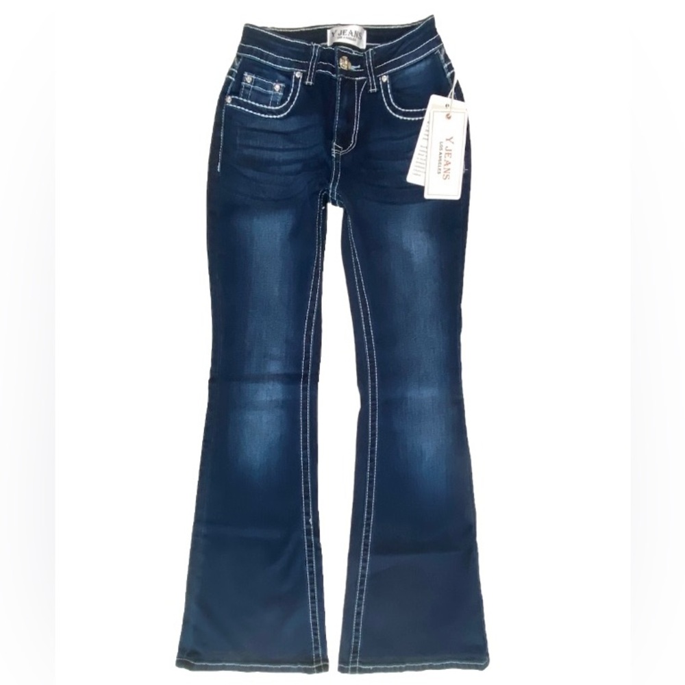 🆕 Y Jeans Los Angeles Womens Juniors Size 3/4 Blue Distressed Denim Bootcut NWT
